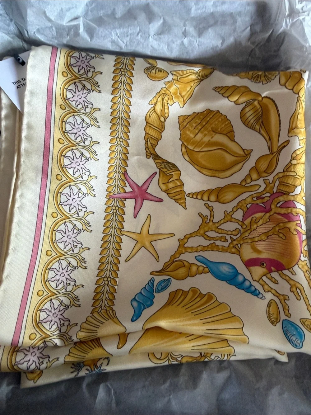 Versace Silk Scarf in Cream, Gold & Light Blue with Pink Trim - Picture 6 of 6